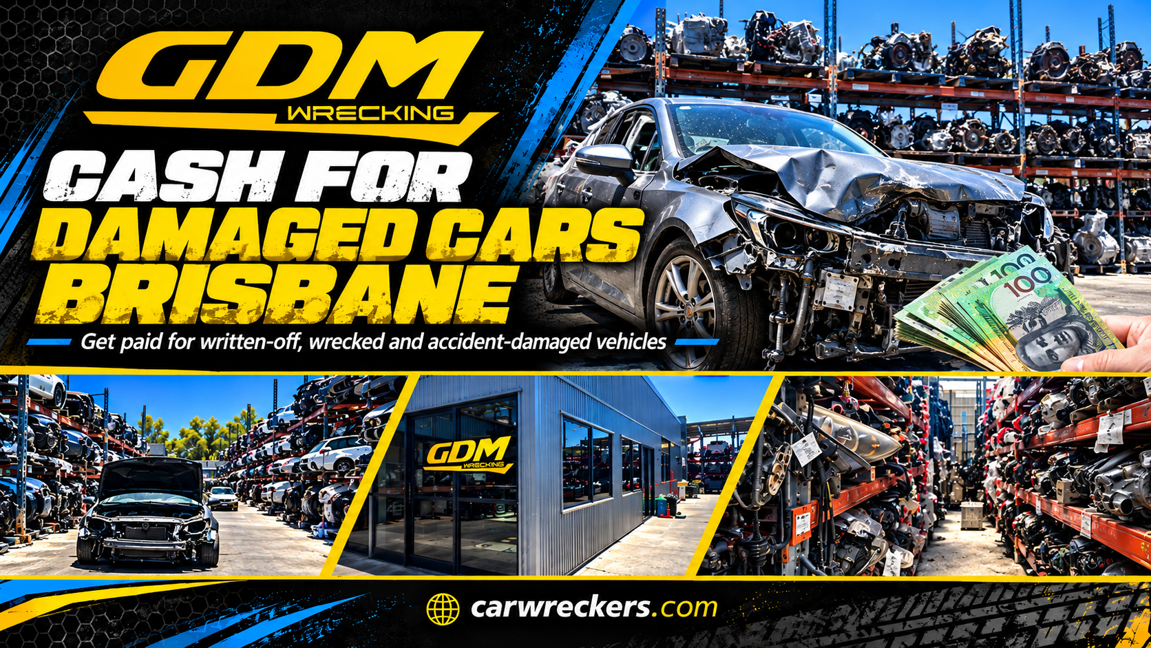 Damaged car with cash for car support from GDM Wrecking in Brisbane
